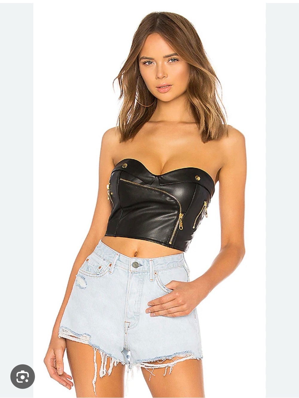 NWOT Superdown Strapless Black Faux Leather Gold Zip Detail Bustier Top